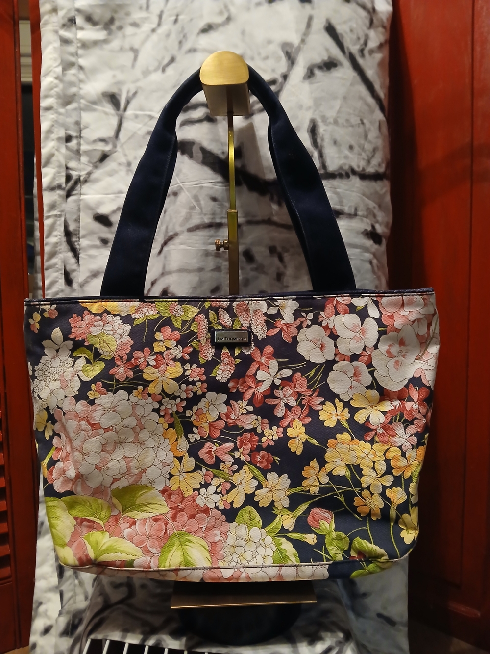 Jim Thompson Floral Navy Tote Bag with Pink & Yellow Blooms